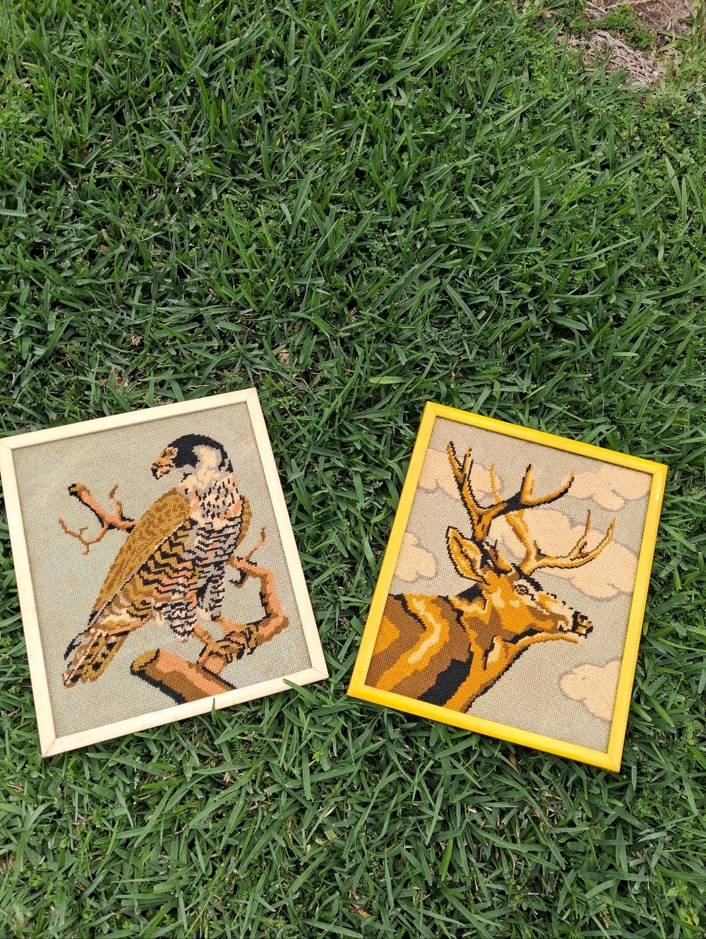 2 VINTAGE NEEDLEPOINT TAPESTRIES FEATURING MAJESTIC MULE DEER AND LARGE HAWK.